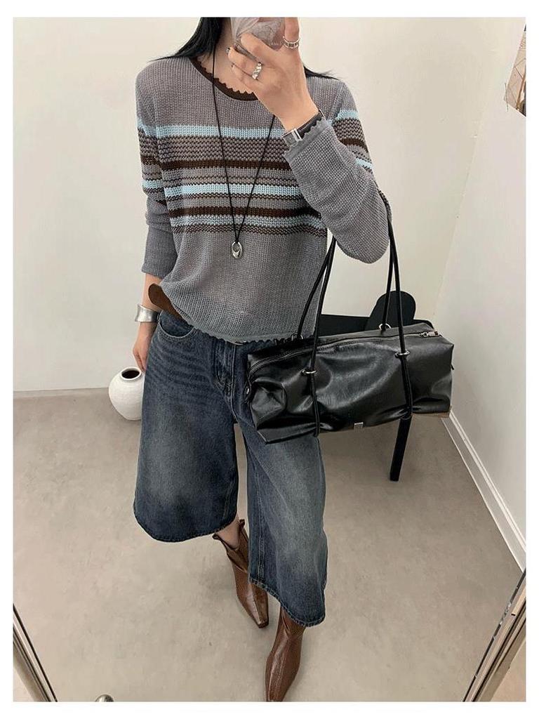 Chic Korean-Style Striped Knit Sweater for Women - 2025 Long Sleeve Hollow Out Top