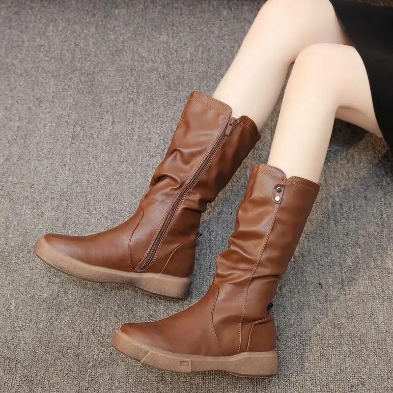 

Fashion New In Round Toe Half High Boots for Women Elegant With Low Heels Mid Calf Shoes Woman Quality Pu Spring Autumn Designer Luxury 42