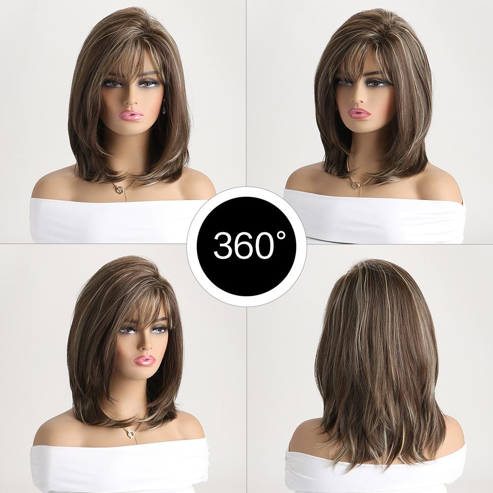 Women Medium Length Wave Hair with Bangs Synthetic Mixed Blonde Brown Wigs for Daily Cosplay Heat Resistant Fibre