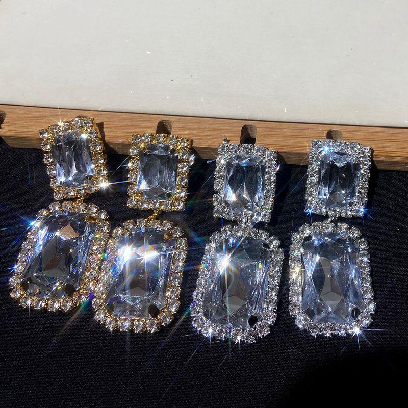 Fashion Style High-Key Dignified Super Flash Rhinestone-Encrusted Earrings Female Minimalist Fashion Rectangular Section Eardrop Necklace Suit