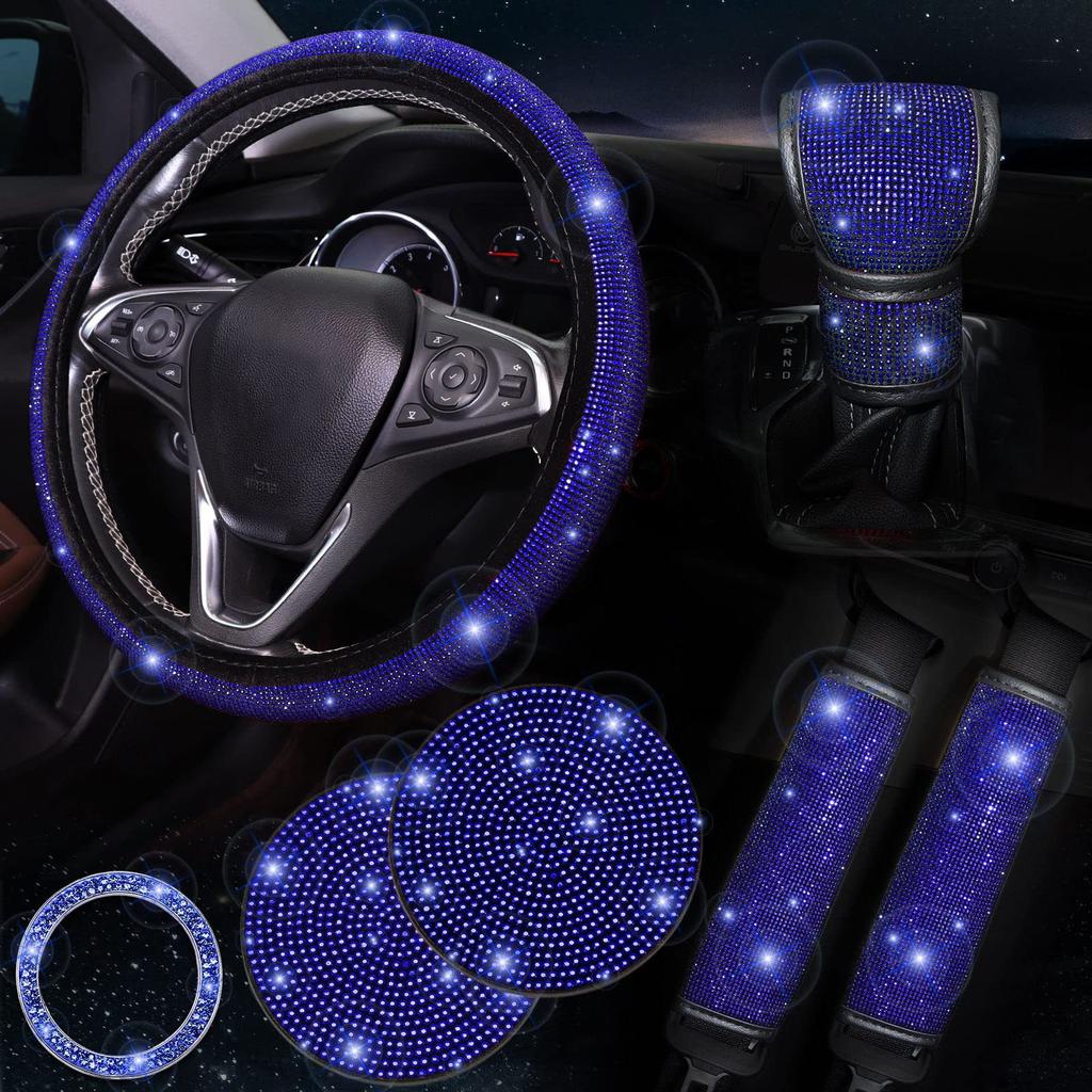 7Pcs/Set Shiny Rhinestones Car Steering Wheel Safety Belt Shifter Cover Cup Mat Start Button Ring Kit