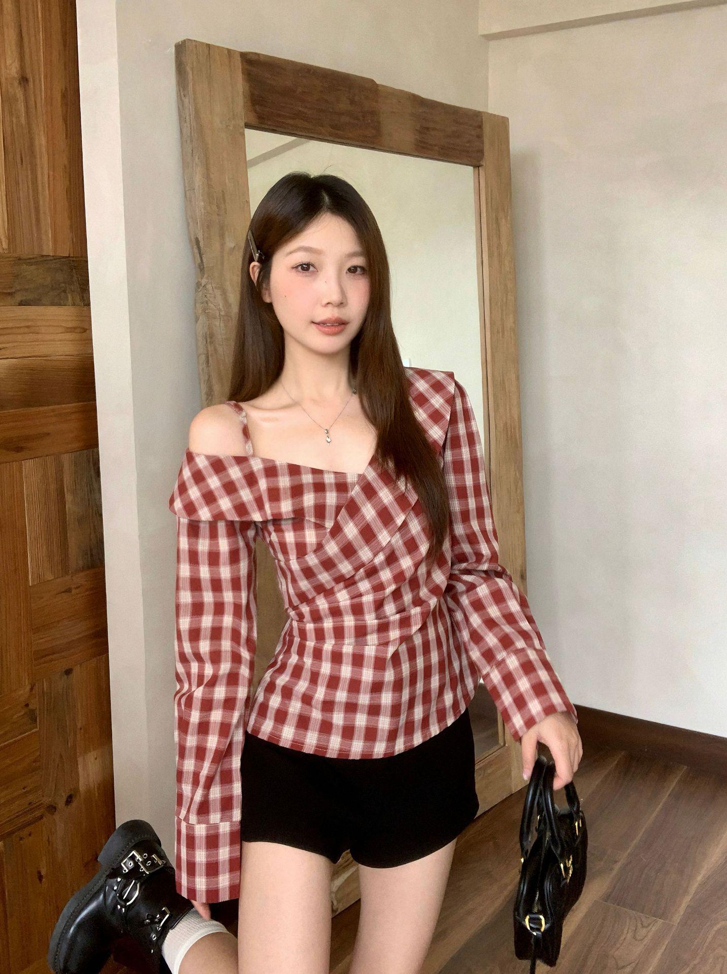 Plus Size French Retro V-Neck Plaid Off-Shoulder Slimming Top M (for 85-100 kg)