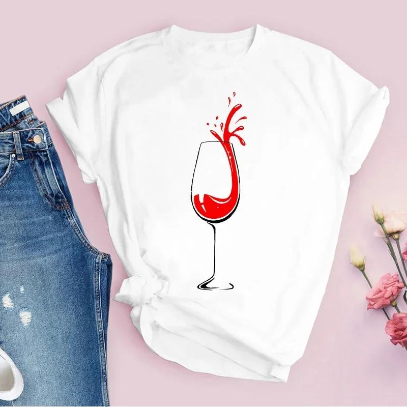 Kreslený potisk sklenice na červené víno módní trend styl Harajuku krátký rukáv kulatý výstřih Dámské tričko