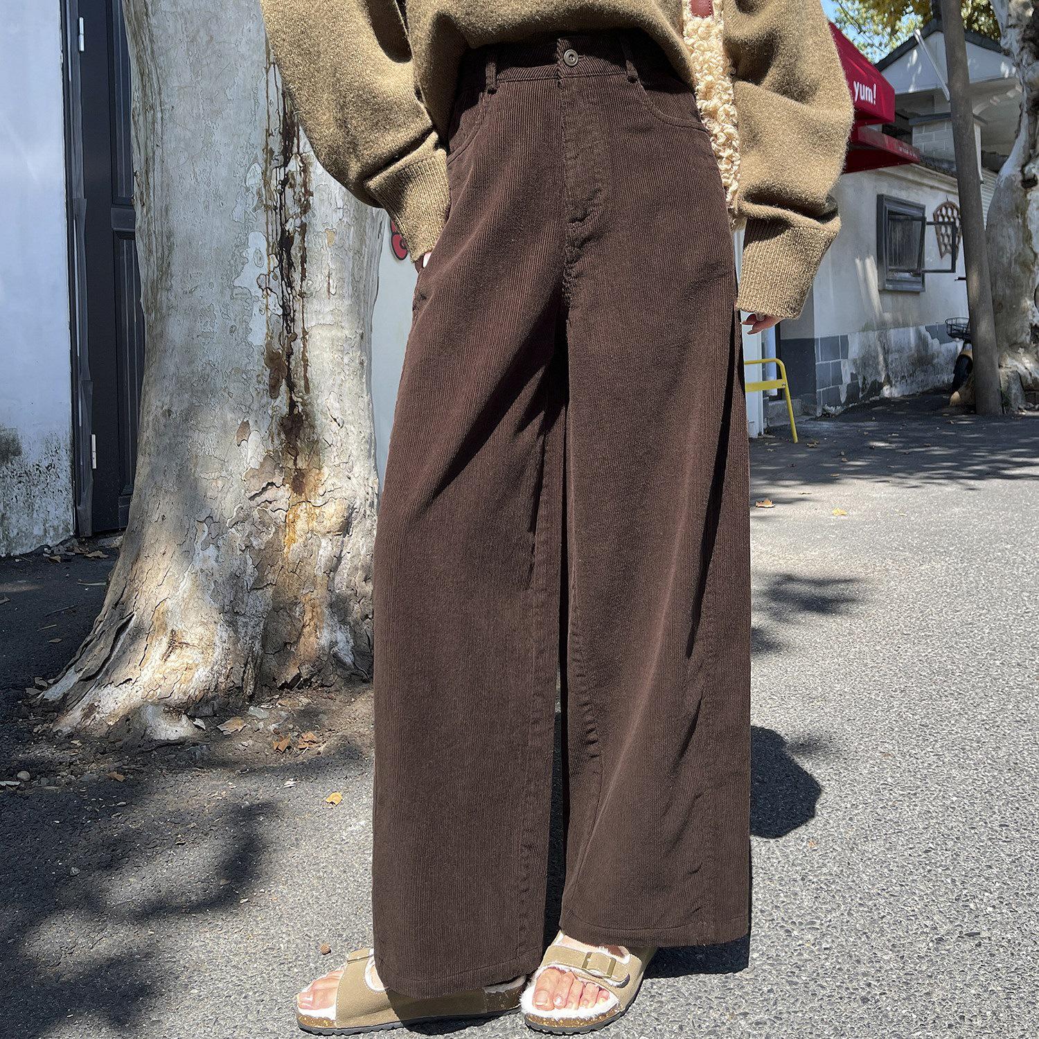 

Women s High Waist Corduroy Pants - Retro Autumn/Winter Wide Leg Cigarette Style 2XL кофейный