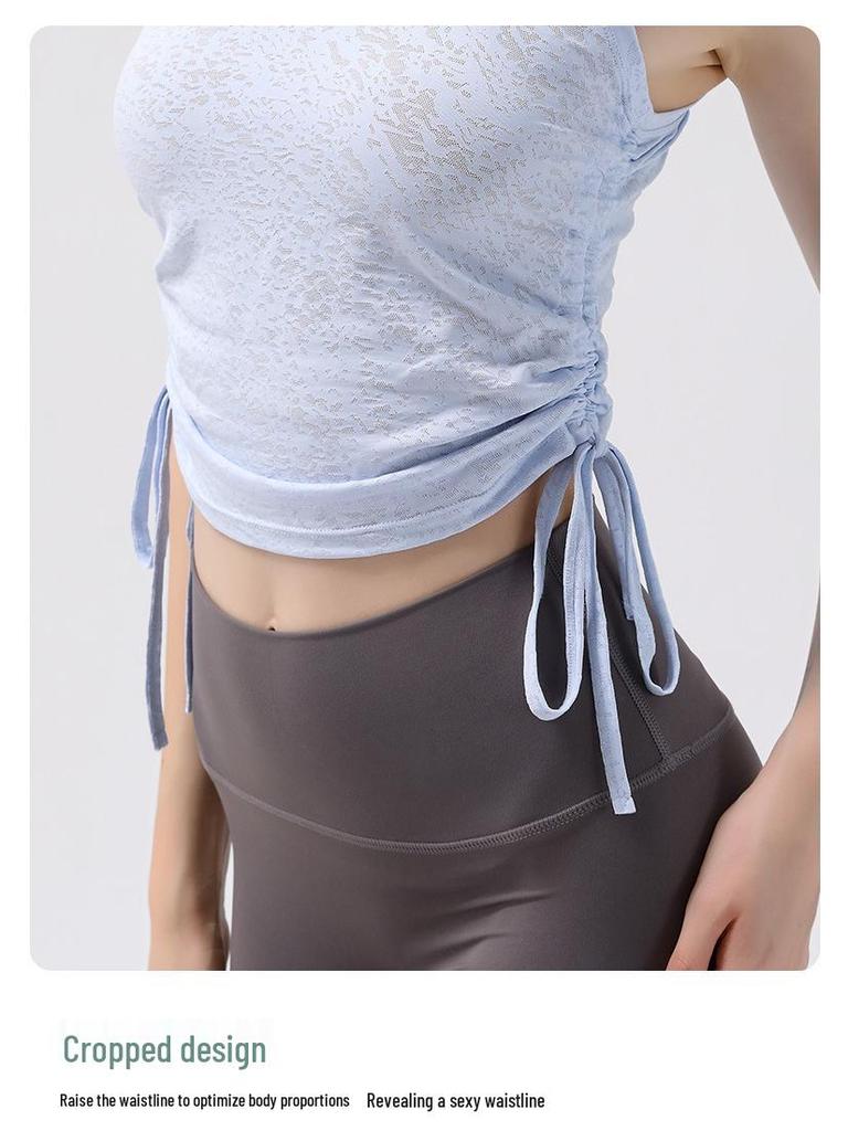 Nude Jacquard Drawstring Sports Top - Women's Breathable, Waist-Slimming, Quick-Dry Yoga & Fitness Wear.