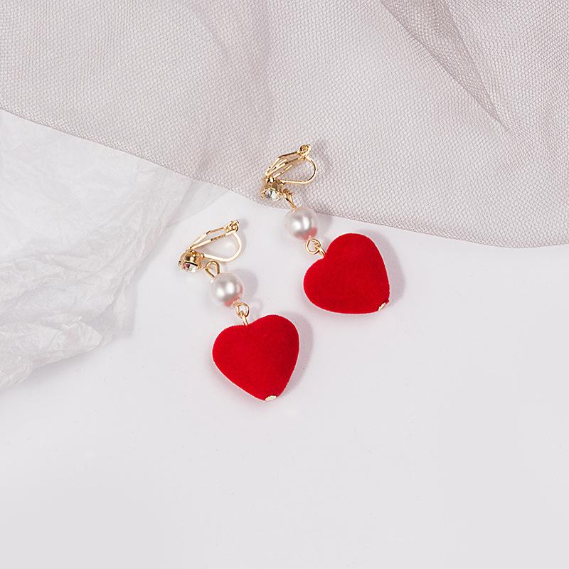 Retro Velvet Burgundy Love Pearl Earrings, Temperament Long Style Without Ear Piercings, Geometric Peach Heart Diamond Earclips