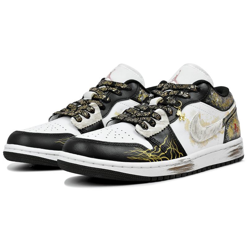 Jordan Air Jordan 1 Abrasion Resistant Low Top Vintage Basketball Shoes Unisex Black White Gold 553558-165(Team96-)