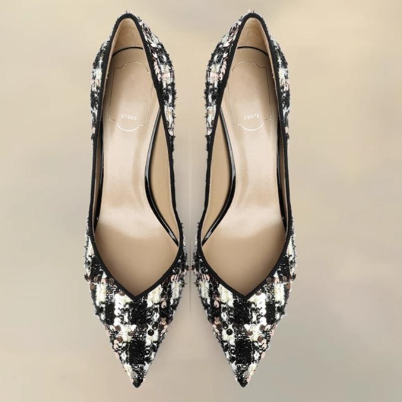 Fashion Spring New High-heeled Women's Fashion Pointy Light Mouth Sequin Cloth Slip-on Slip-on Wear-resistant Fine Heel Shoes