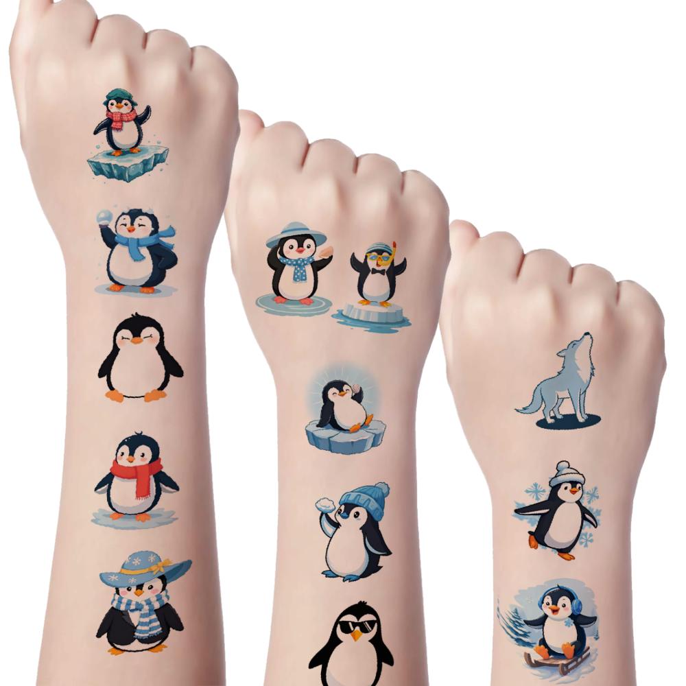 54 Stück Temporäre Tattoos Pinguin-Figuren Wasserdicht Langlebig Körperaufkleber Wintermotive Schneeflocken Cartoon Für Arme
