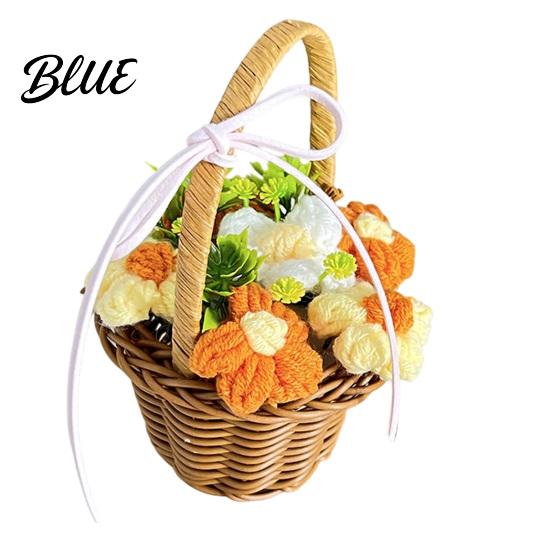 Souvenir for Teacher's Day Hand Knitted Wool Flower Basket, Decorative Mini Crocheted Floral with Home Accents Counter Ribbon, Plant Ornament