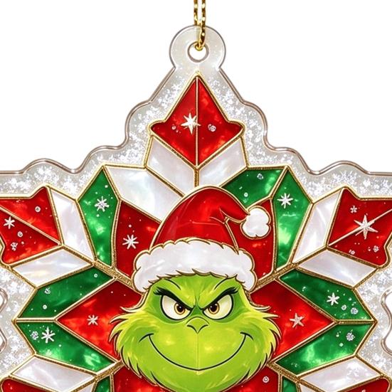 Stained Glass Style Decor Green Elf Christmas Ornament, 2D Acrylic Red Bell Tree Candy Cane Gift Box Xmas Hanging Charms Shaped Double Sided