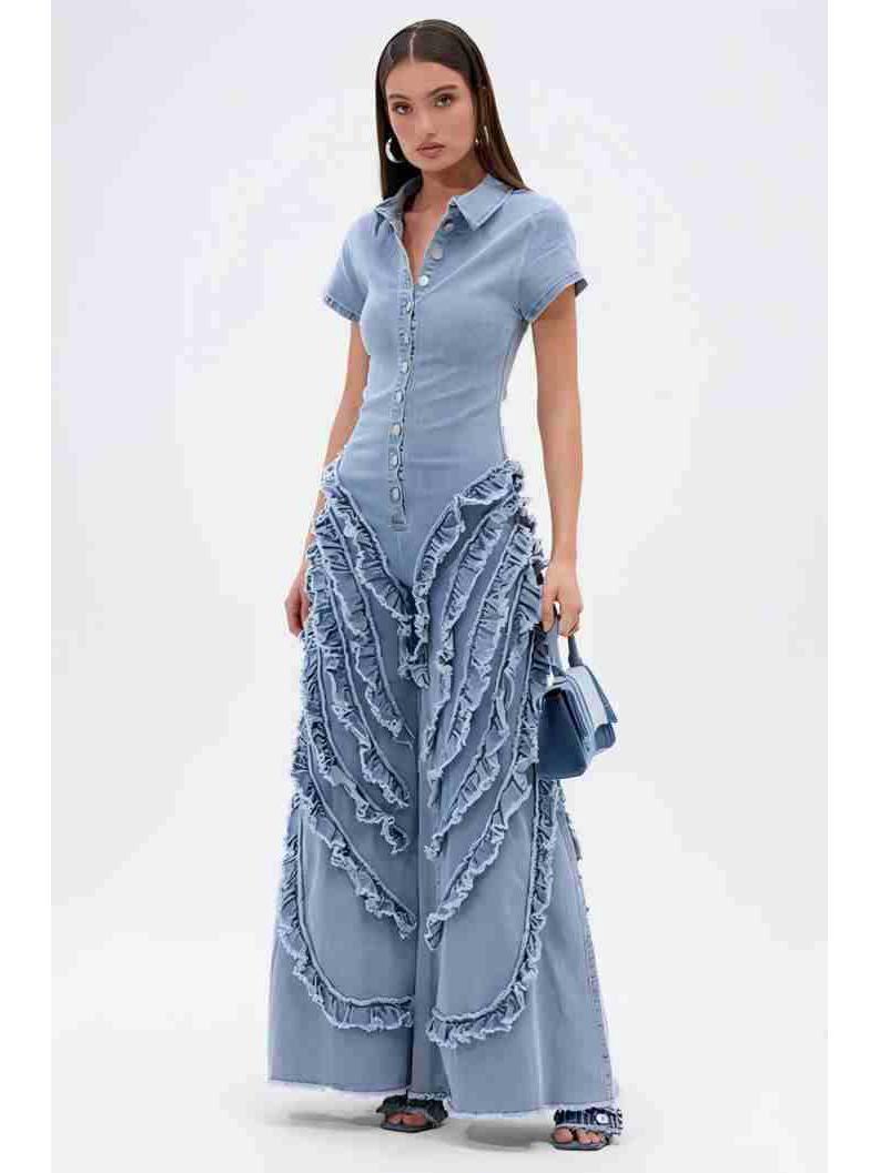 

2025 European & American Women s Denim Jumpsuit: Short Sleeve, Lace-Up, Wide-Leg Jeans Large светло-синий