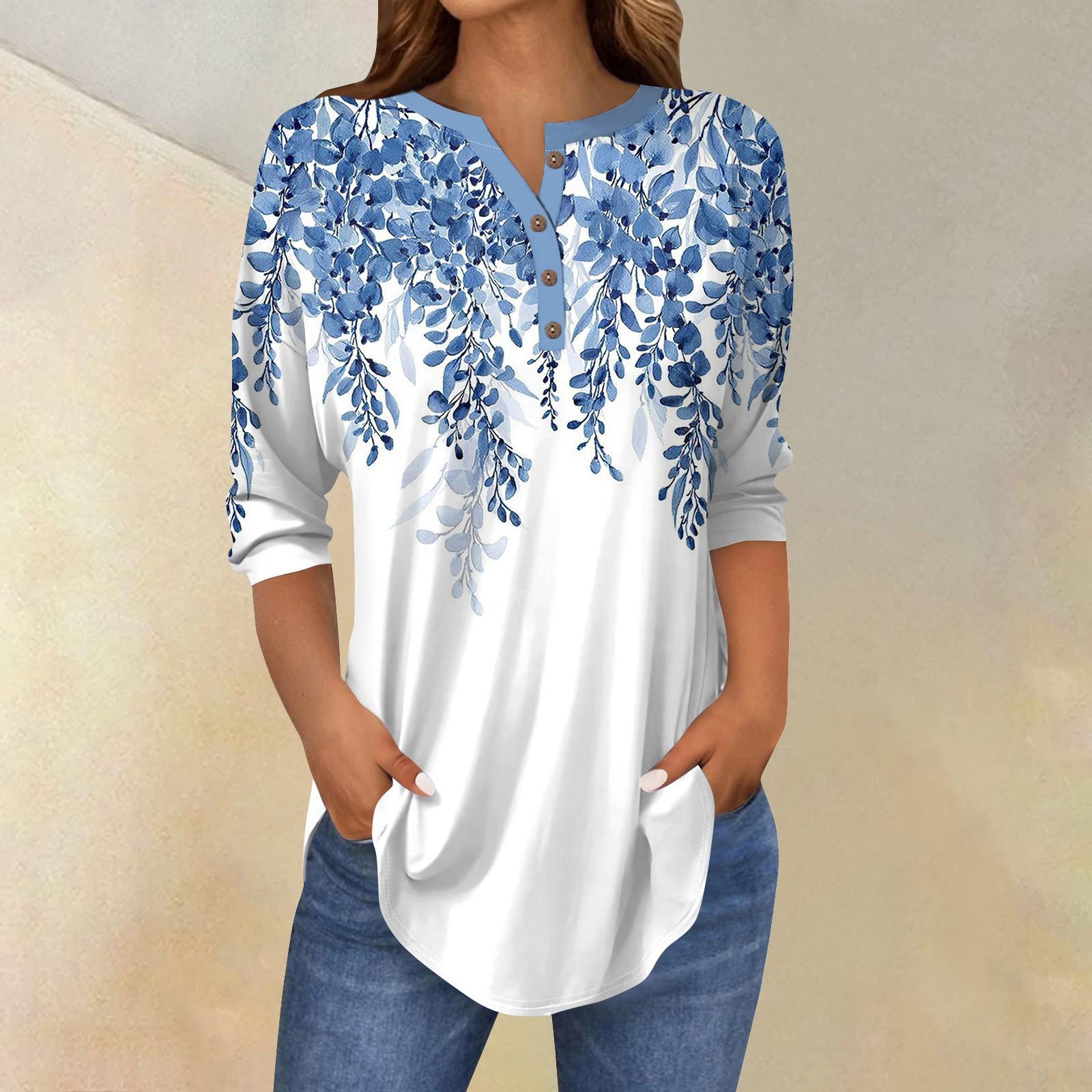 

Женские топы с рукавами 3/4, летние футболки с цветочным принтом и V-образным вырезом, повседневные базовые футболки с пуговицами, туники L