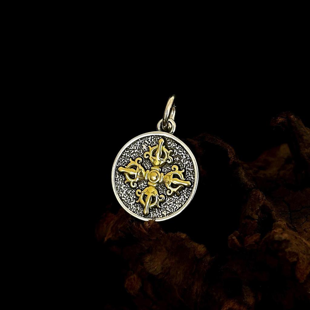 S925 Sterling Silver Green Tara & Yellow Jambhala Double-Sided Vajra Pendant in Tibetan Style for Men and Women