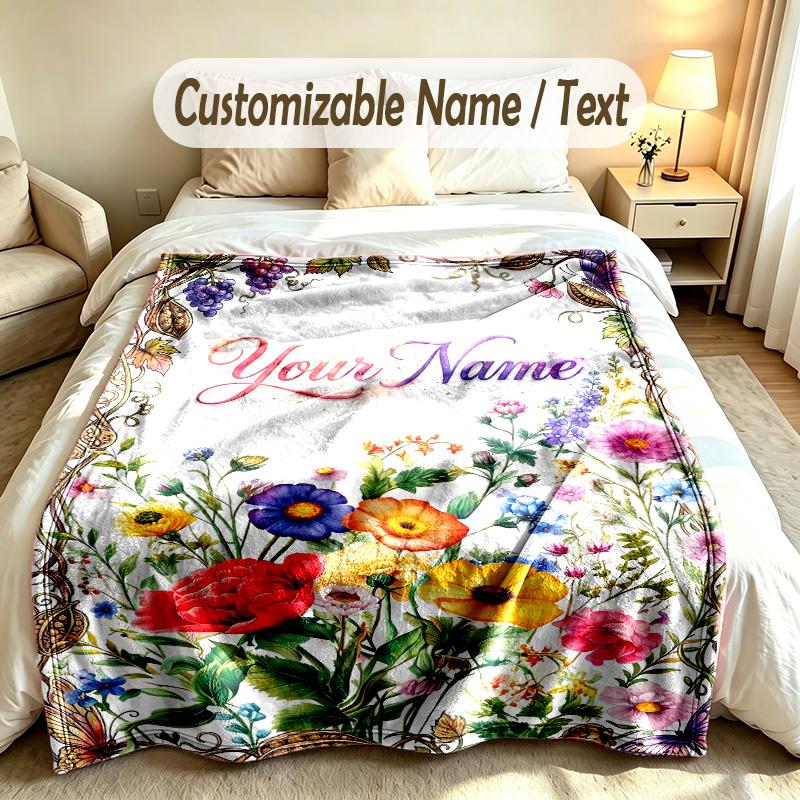 Tema Jardim Florido Manta Macia Personalizada Nome Personalizado Impressão de Texto Manta Quente Decoração de Sofá de Casa Quarto