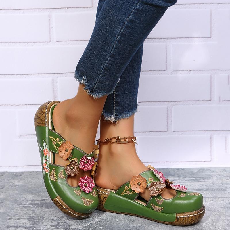 Summer new bag head cool slippers muffin bottom flower handmade thick-soled retro women's sandals