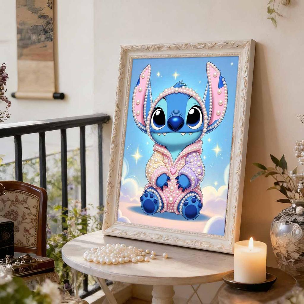Lilo and Stitch Q Version Macaron Pajamas Pearl Painting Disney Pearl Decorated Ears Clouds Starry Sky Frameless Art Painting