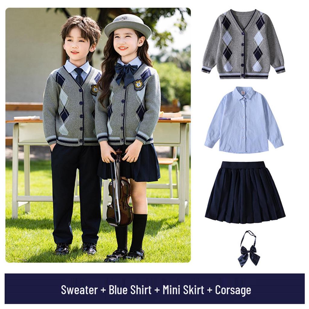 Britský styl Pletený třídílný set školní uniformy pro mateřské a základní školy - Jaro, Podzim a Zima