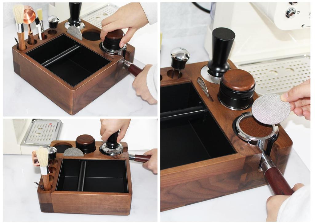 Espresso Knock Box, Espresso Accessory Organizer Box, 51mm-58mm Tamping Station Base, 9-in-1 Storage Wooden Espresso Tamper Mat, Tamper Stand,