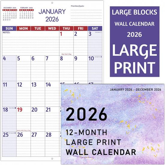 2026 Wall Calendar - Large Print Calendar 2026, 12 Monthly Calendar, Jan. 2026 - Dec. 2026, 14.6 x 22.8 In (Open), 2026 Calendar with Big Numbers,