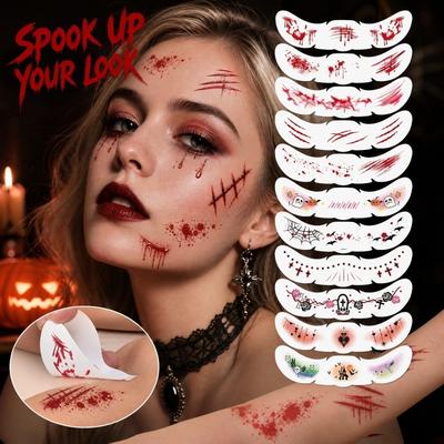 Temporary Stickers for Halloween, Scary Wound Effect Fake Tattoos for Face & Body, 6 Sheets of Scar & Cut Tattoos for Halloween Costume Decoration