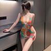 Deep U dew ditch smudge print hip skirt sex underwear summer sexy naked back dress supplies uniform temptation