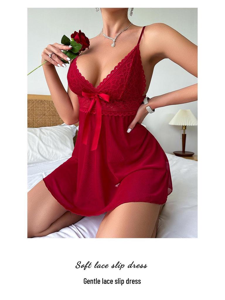 Lace Spaghetti Strap Mesh Nightgown - Sexy See-through Lingerie for Women