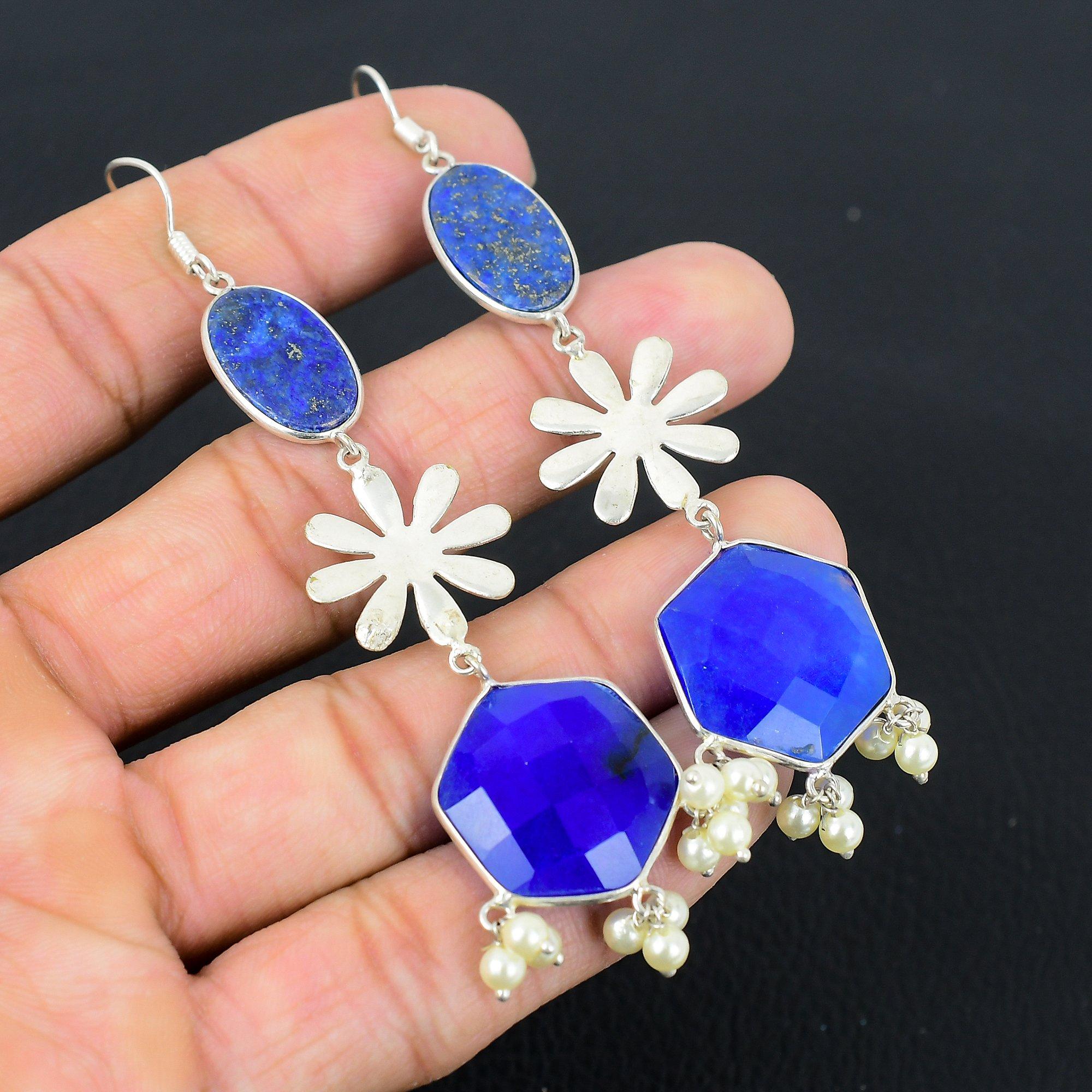 

Halloween Sale 925 Sterling Silver Natural Blue Sapphire Drop Artisan Earrings