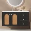 Bathroom Sink Cabinet with 3 Drawers Modern Black Rattan Element Heavy Duty Lavatory Wall Mount Ceramic Wash Basin Vanity Cabinet