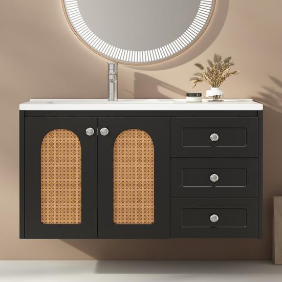 Bathroom Sink Cabinet with 3 Drawers Modern Black Rattan Element Heavy Duty Lavatory Wall Mount Ceramic Wash Basin Vanity Cabinet
