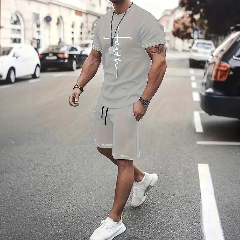 Men's Graphic 2pcs Tees sets Summer Tops Short Sleeve Short Pants Crew Neck Sport Casual Casual Going out Streetwear 3D Print Summer Grey Black Red