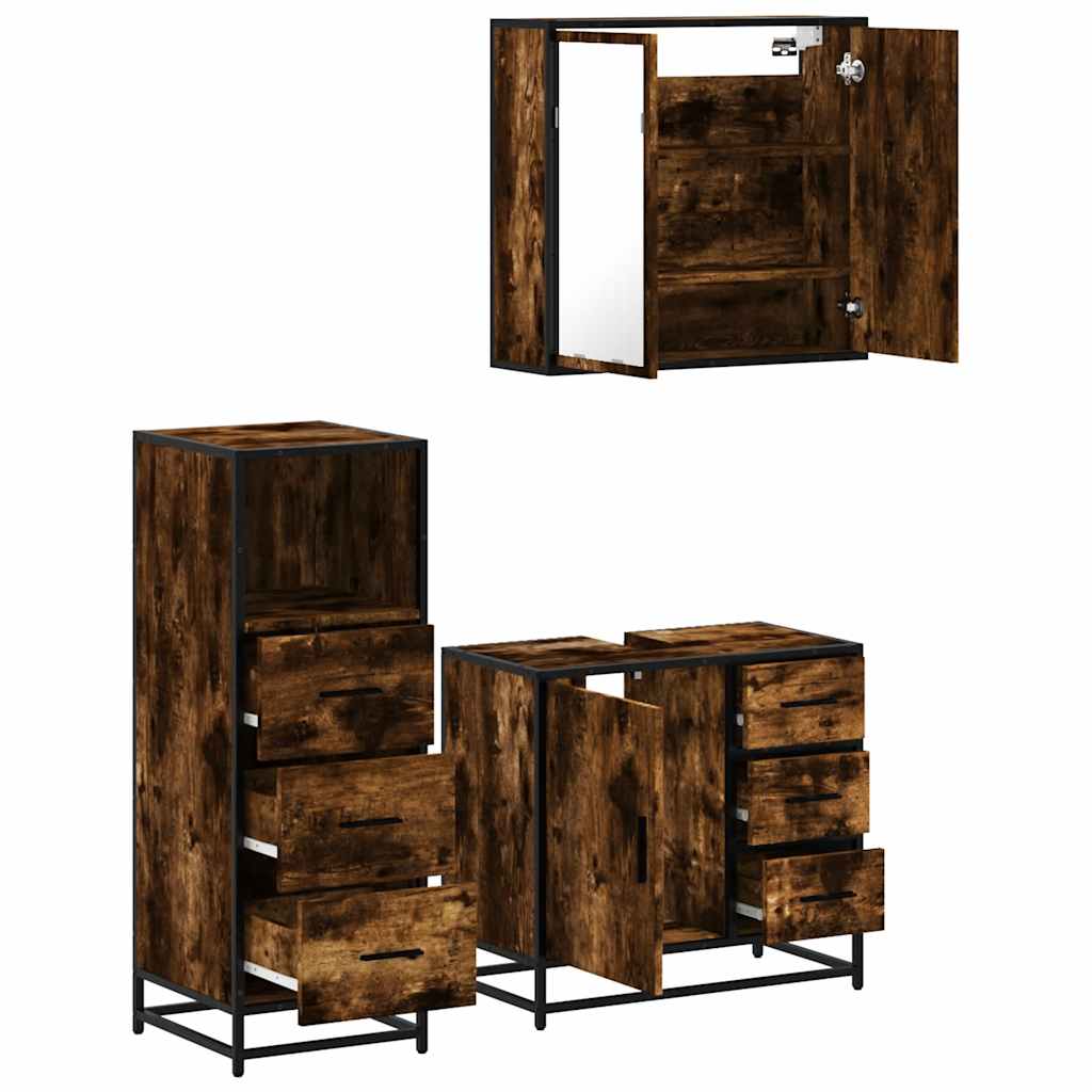 3 Piece Bathroom Furniture Set Smoked Oak Wood Based Material