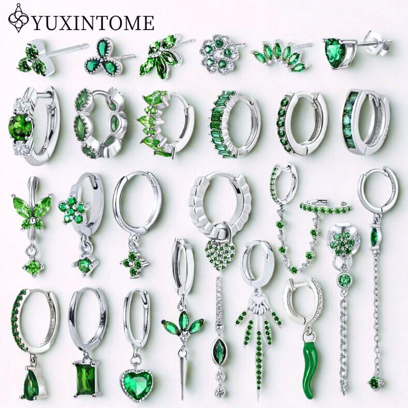 Turquoise 925 Silver Ear Needle Green Zircon vintage emerald Heart/Flower Pendant Hoop Earrings Fashion party Jewelry