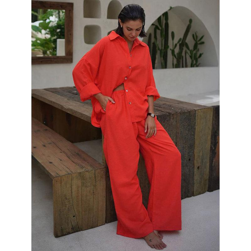 Tooxika Ladies Nova Camisa Solta de Algodão + Conjunto de Calças Largas