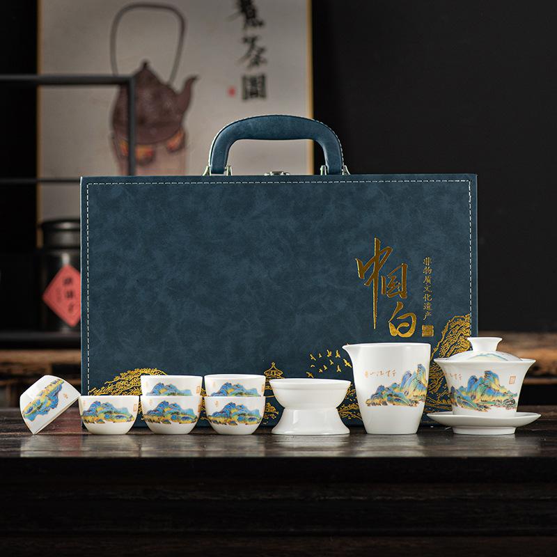 Chinese high-end Dehua suet jade white porcelain tea set Kung Fu teacup office guest cover bowl set