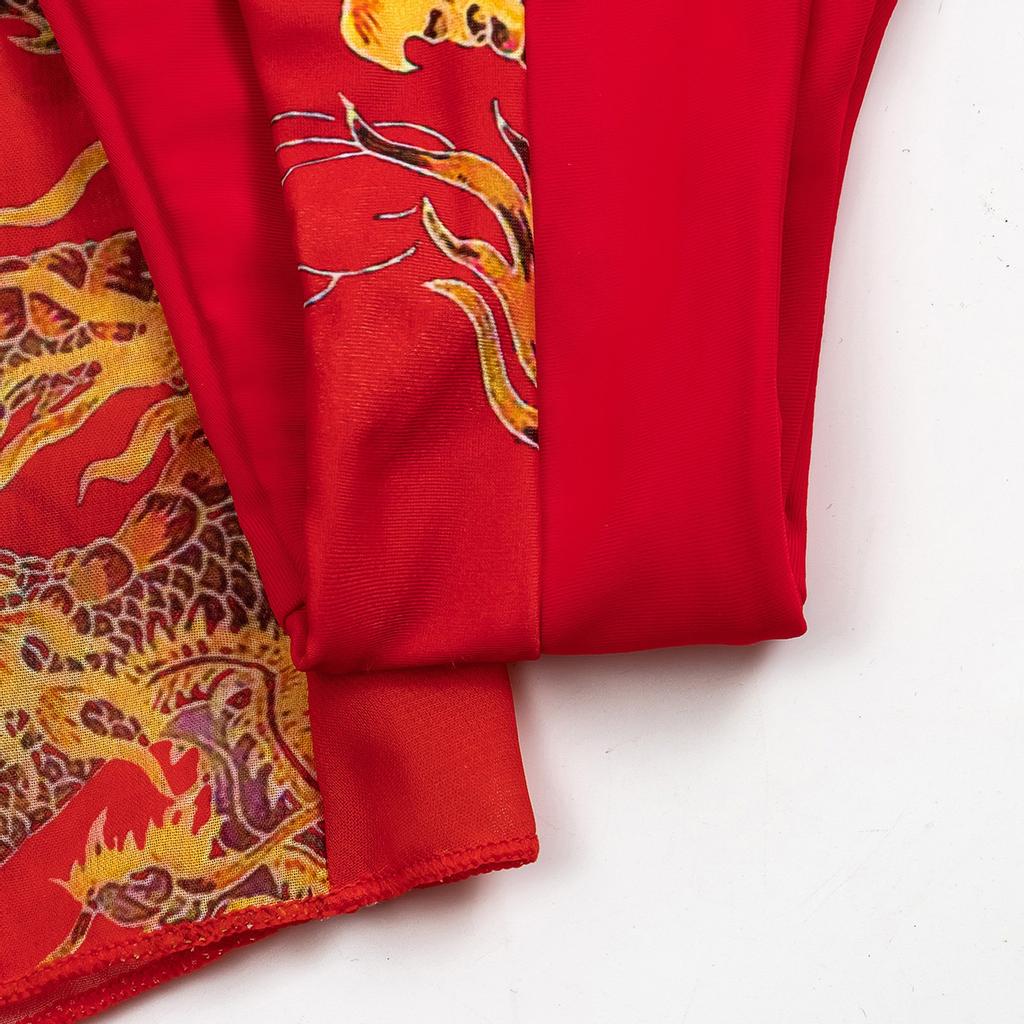Women Sexy Dragon Print Split Swimsuit With Coat And Sun  Straps