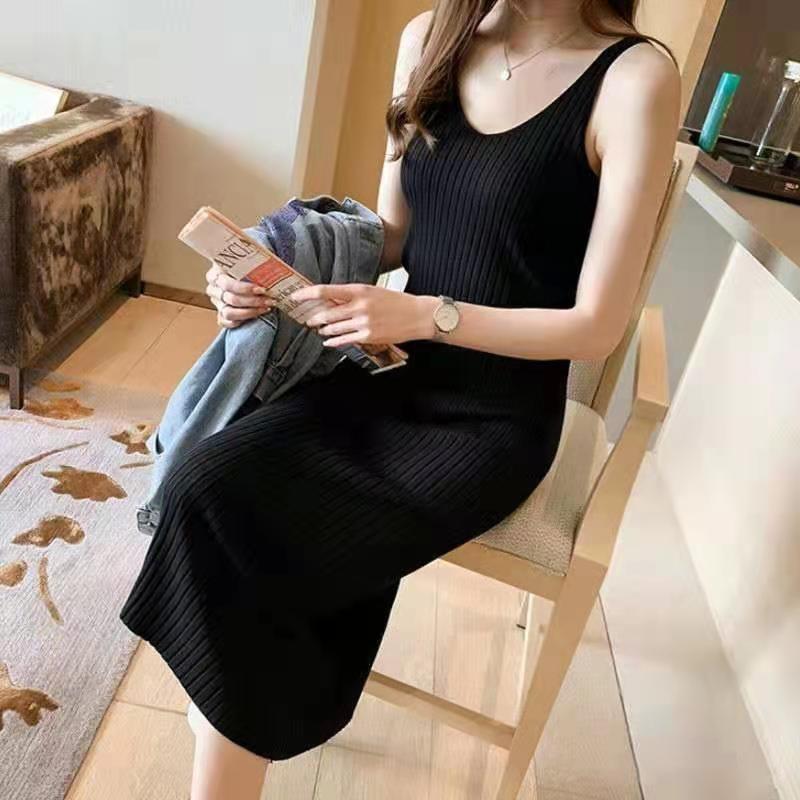 V Neck Sleeveless Elegant Knitted Slip Dress for Women Fashion Sexy Bodycon Casual Long Dresses Solid Color Autumn Spring Bottoming Clothes