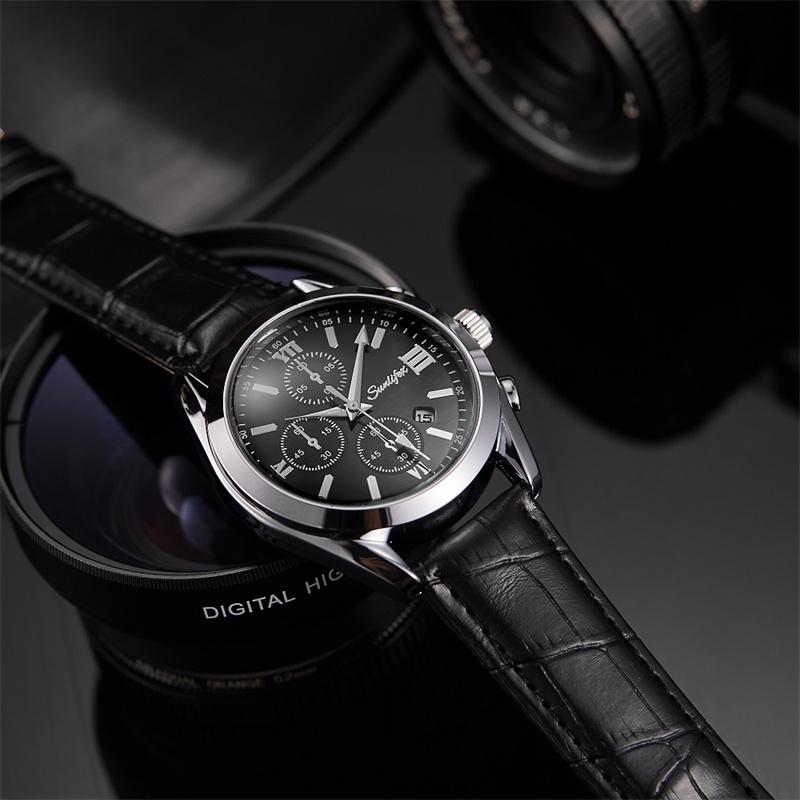 Fashionable personalized trendy circular dial with calendar night light waterproof men's quartz watch business leather strap