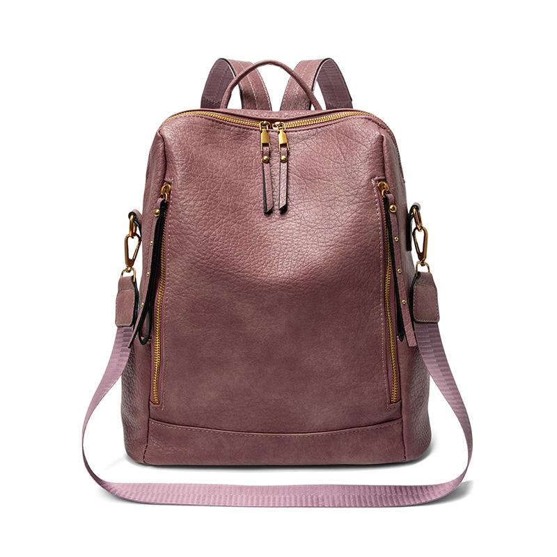 

2026 High Quality Leather Large Capacity Travel Backpacks Women s Fashi Vintage Double Zipper Shoulder Bags Totes School Bag рожевий