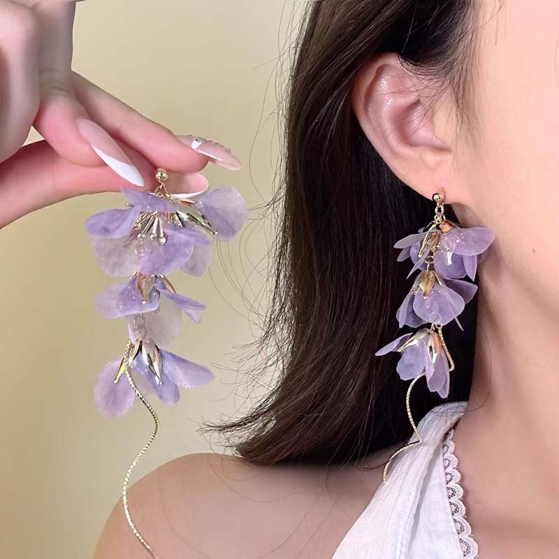 Purple Flowers Mesh Long Tassel Earrings for Women Sweet Temperament Crystal Drop Dangle Earring Party Wedding Jewelry Wholesale