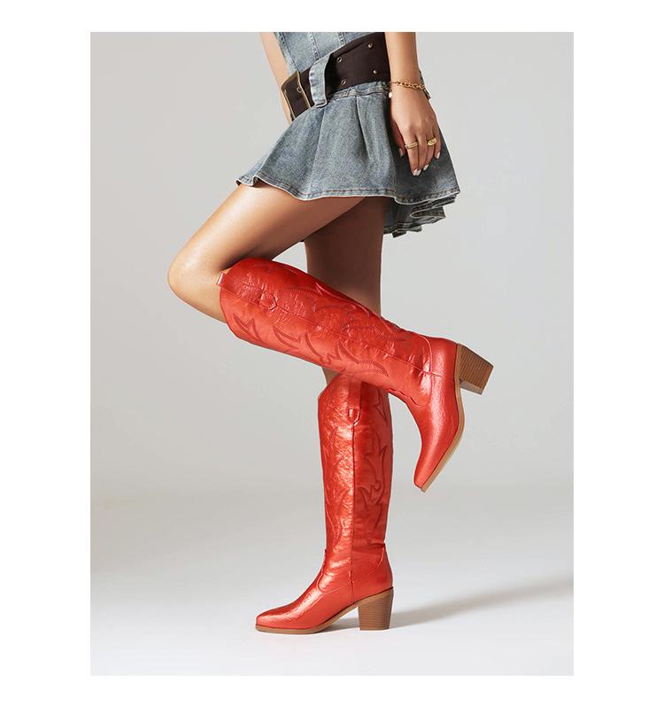 Damskie Jesienno-Zimowe Retro Print Szpiczasty Nosek Gruba Obcas Wysokie Kozaki - Styl Western Cowboy