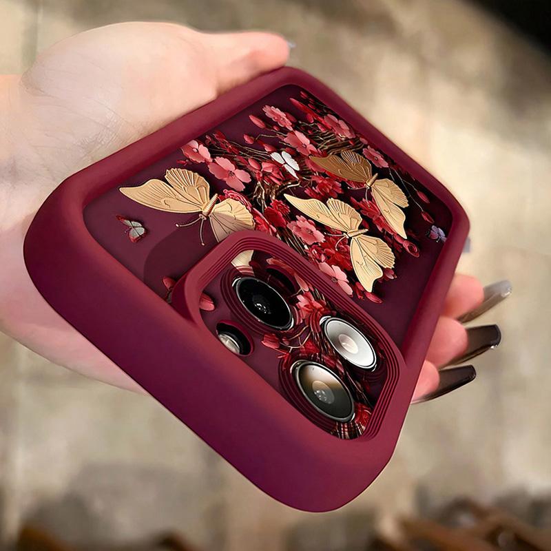 Golden Butterflies and Vintage Red Flowers Phone Case iPhone 15 Pro Max 11 12 13 16 14 Plus Soft Silicone Protective Case