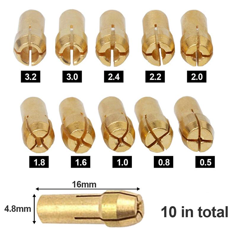 10-11pcs/batch Mini Drill Brass Collet Collet for Rotary Tools 0.5-3.2mm Brass and Nut for Accessory Set