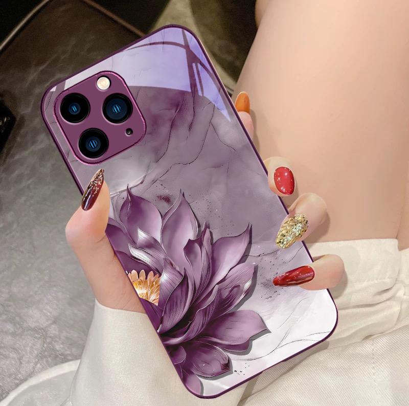 Side Lotus White For IPhone 16 Pro Max 15 Pro 14 13 12 Mini 11 XS Max XR 7 8 Plu SE 2022 Tempered Glass Phone Case