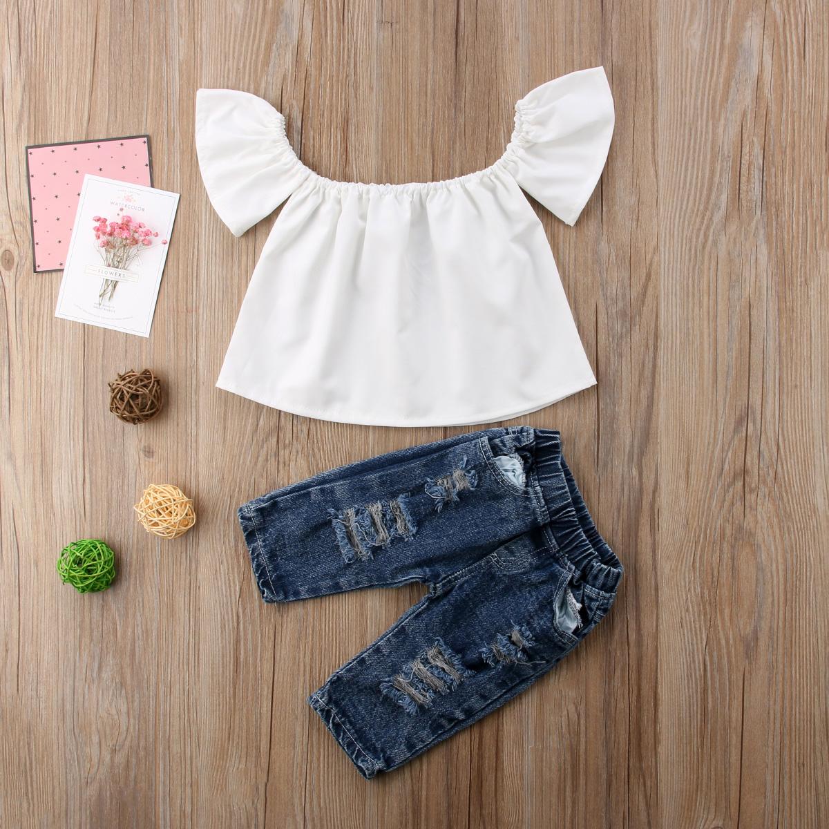 Buy Kids Baby Girls Off Shoulder Tops+Ripped Jeans Outfit Set at