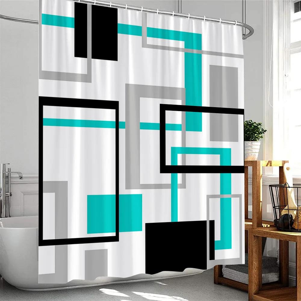 Creative Geometric Shower Curtains Red Black Grey Striped Splicing Modern Minimalist Bathroom Decor Polyester Bath Curtain Hooks