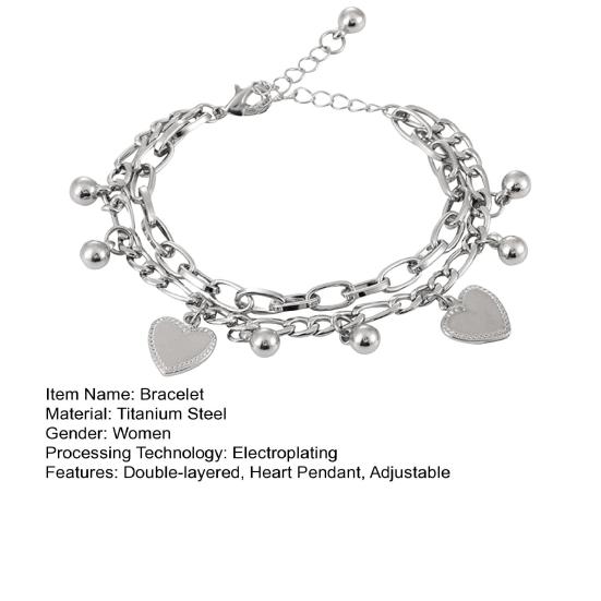 Women Bracelet Hollow Chain Heart Pendant Double-layered Lobster Clip Titanium Steel Bead Adjustable Length Electroplated Wrist Jewelry