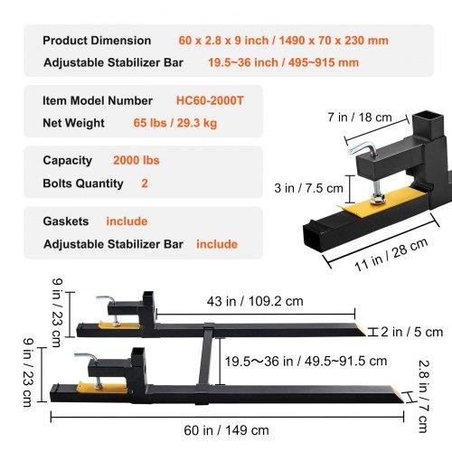 Pallet Forks, 2000 Lbs Tractor Bucket Forks, 60" Total Length Clamp On Pallet Forks with Adjustable Stabilizer Bar, Heavy Duty Pallet Forks for
