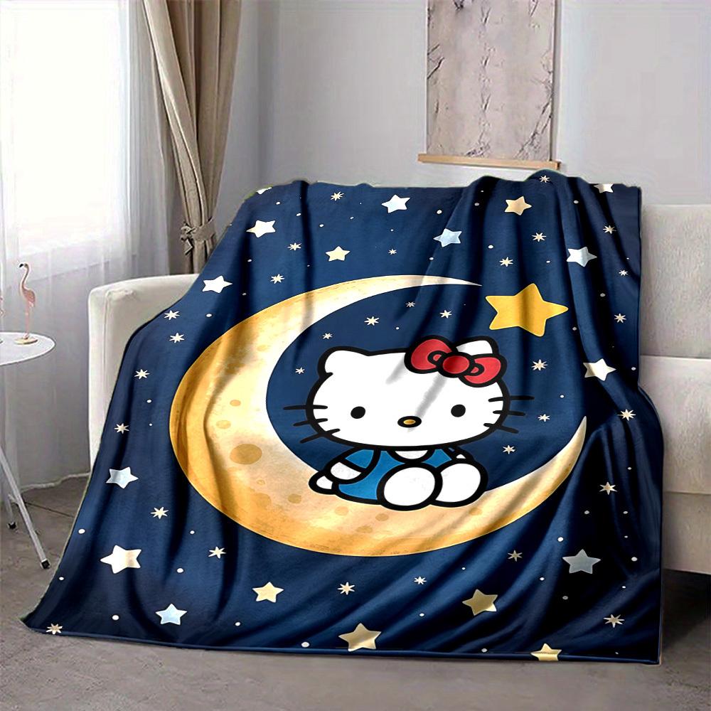 1 Stück Mond Sterne Hello Kitty Gemütliche Druckdecke Leichte Warme Flanelldecke für Sofa, Bett, Wohnzimmer
