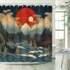 1Pc Japanese Ukiyo-E Inspired Shower Curtain, Polyester Fabric, Mountain Landscape With Red And White Suns, Ocean Waves, Include